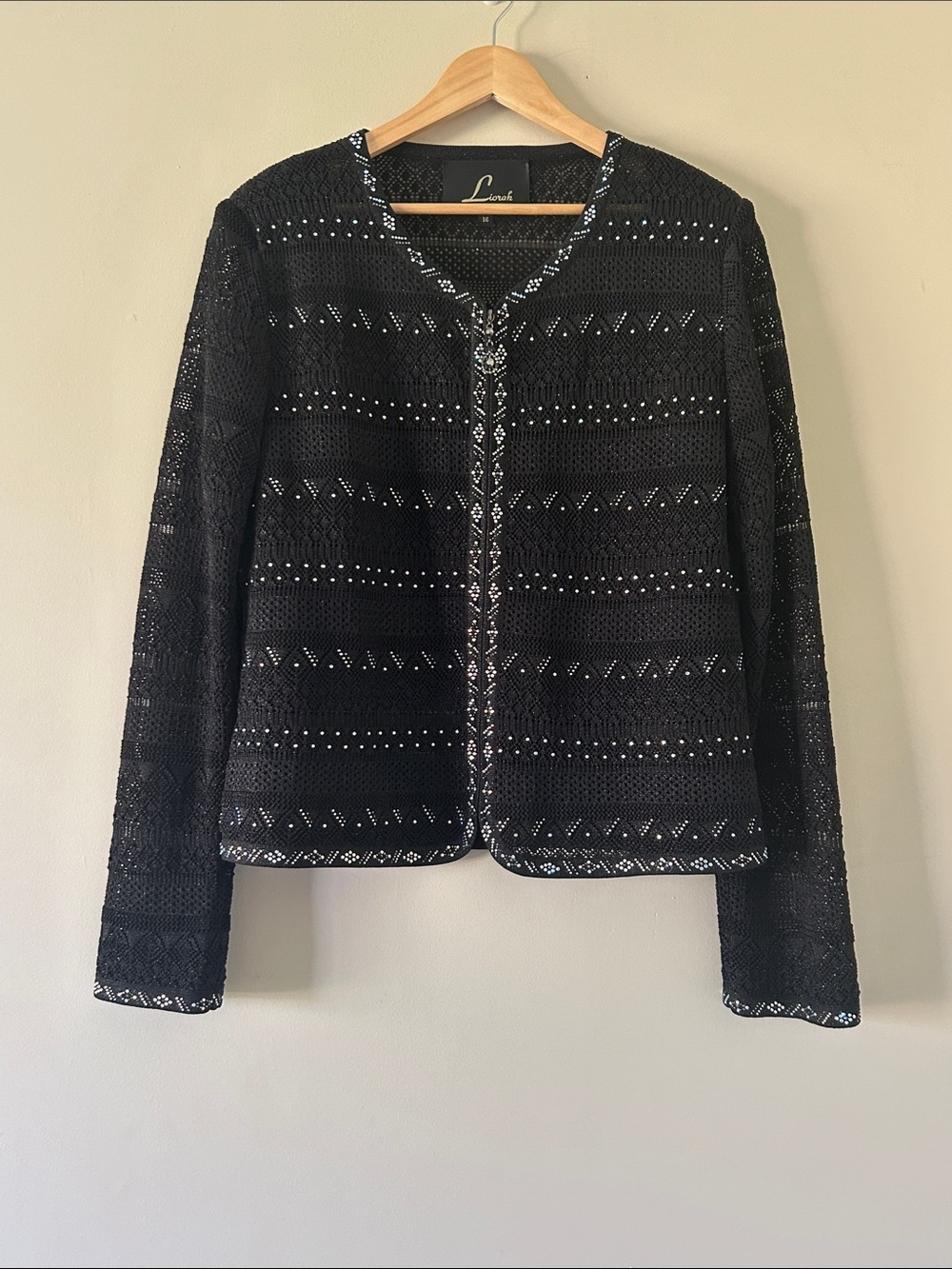 Liorah Exclusive Size 16 Black Open Knit Full Zip Cardigan Sweater Rhinestone